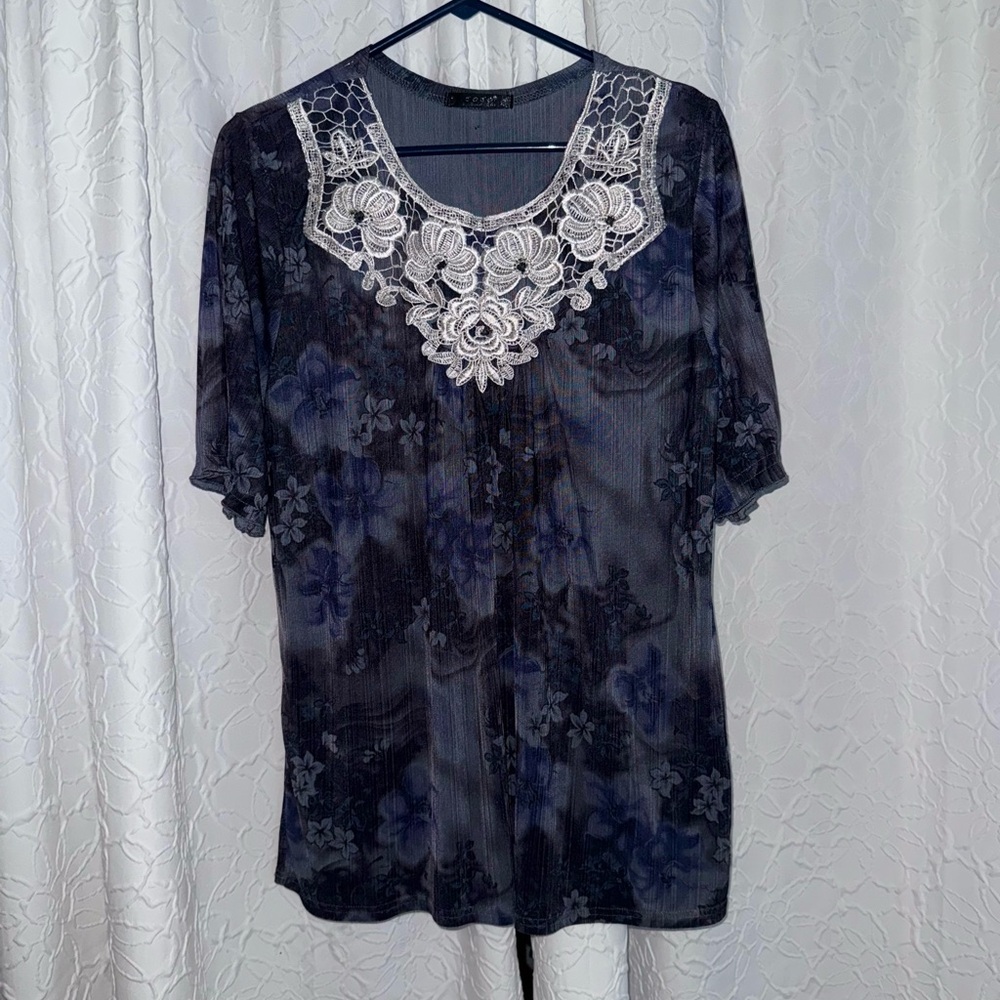 Jojo Blouse- Bluish/Purplish shirt with white Floral design